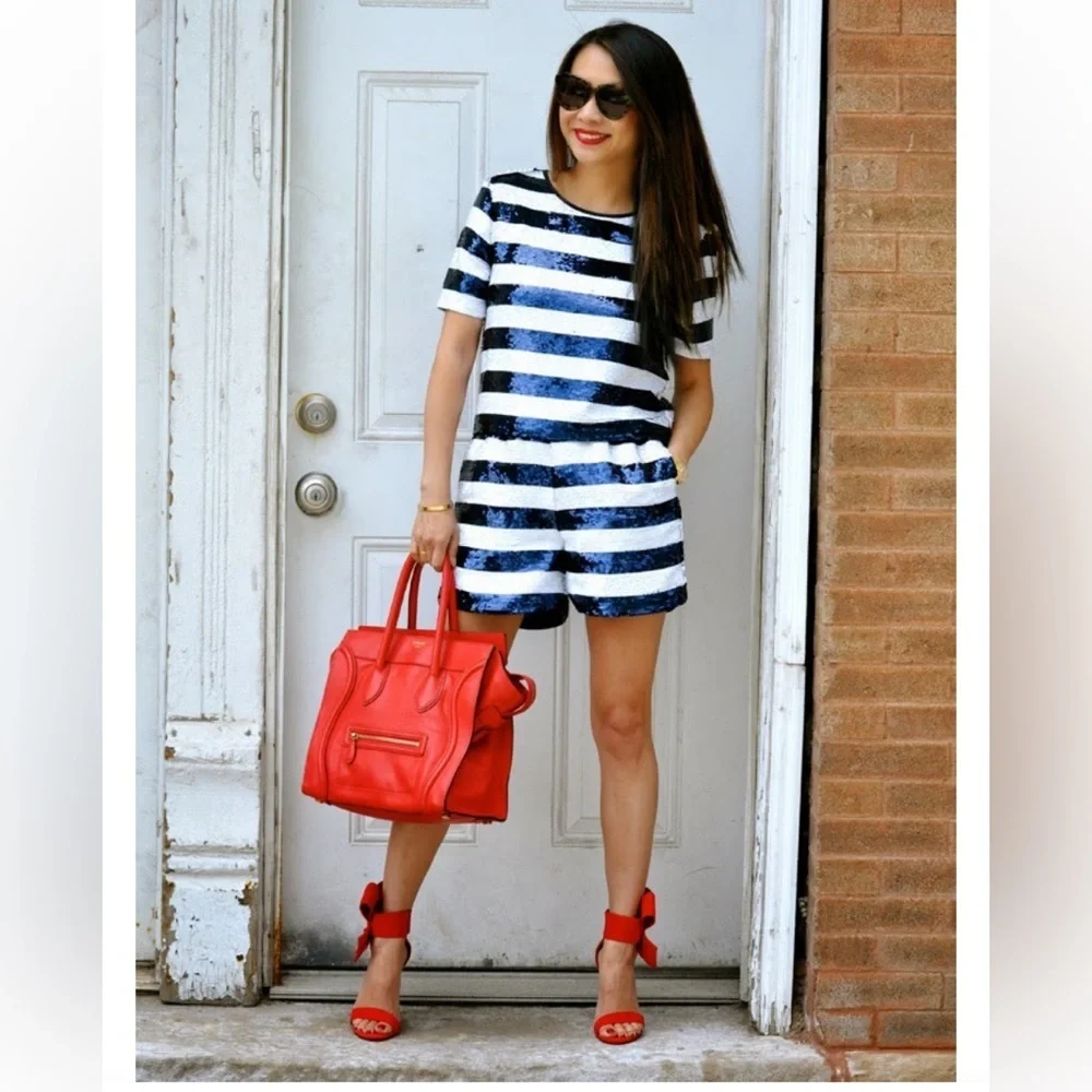 Sandro striped sequin blouse navy/white Size XS/S Elegant Chic Nautical - Picture 5 of 14